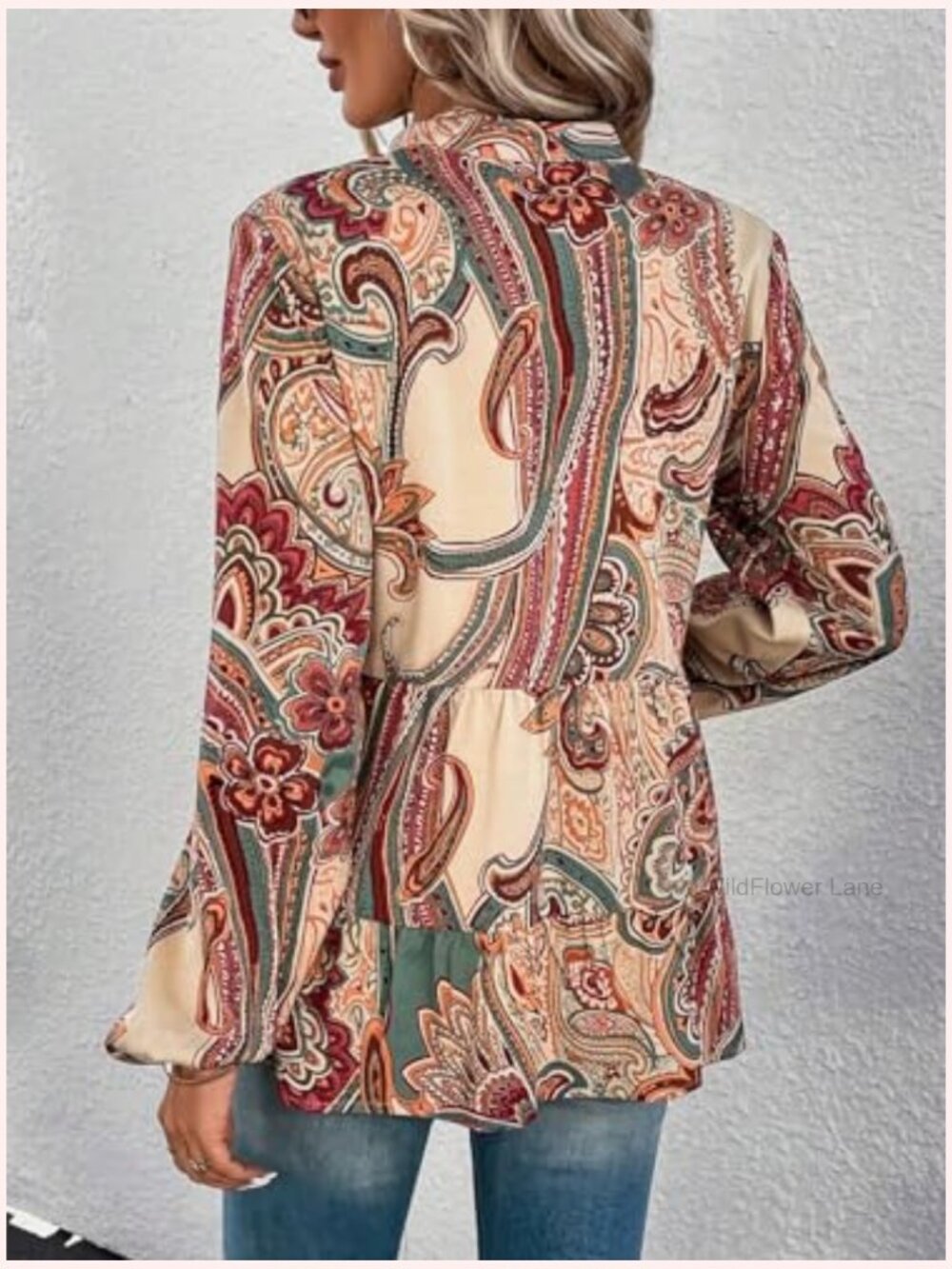 Boho Paisley Printed Notched V Neck Bishop Long Sleeve Ruffle Hem Blouse Peplum - Picture 2 of 5
